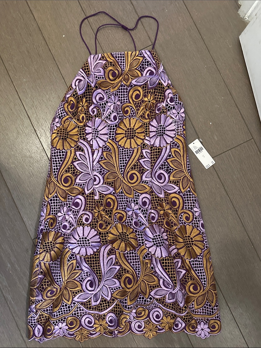 Anthropologie Purple and Gold Floral Lace Mini Dress